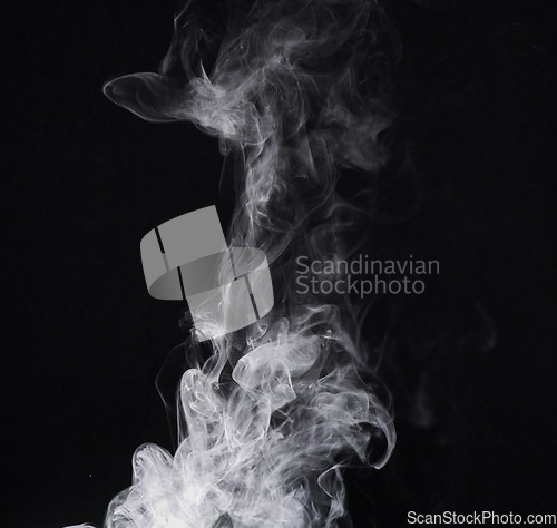 Image of Abstract smoke, black background and mockup space with gloomy fog, creative art and magic effect. Vapor, dry ice or mystical swirl with special effects in studio, gas or smog with white puff by steam