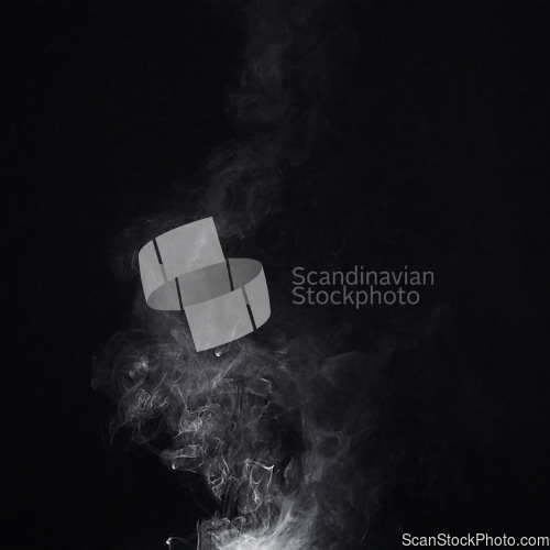 Image of Smoke, black background and steam, fog or gas on mockup space wallpaper. Cloud, smog and magic effect on dark backdrop of incense with abstract texture, pollution pattern and mist vapor moving in air