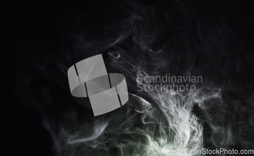 Image of Smoke, dark background and mist, fog or gas on mockup space wallpaper. Cloud, smog and magic effect on black backdrop of steam with abstract texture, dry ice pattern or vapor of incense moving in air