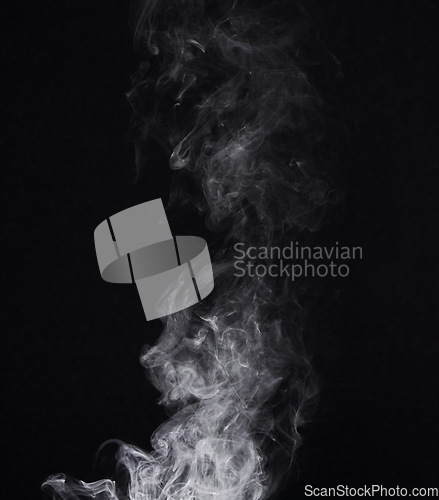 Image of Smoke, dark background and incense, fog or gas on mockup space wallpaper. Cloud, smog and magic effect on black backdrop of steam with abstract texture, pollution pattern or mist vapor moving in air
