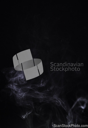 Image of Smoke, gas or pollution with incense on dark background, fog or mist with vapor and mockup space in studio. Dry ice, pattern and texture with environment, steam and air with black backdrop and smog