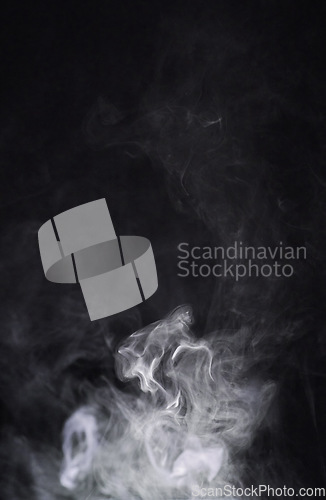 Image of Smoke, dark background and incense, fog or gas on mockup space wallpaper. Cloud, smog and magic effect on black backdrop of steam with abstract texture, pollution pattern or mist vapor moving in air