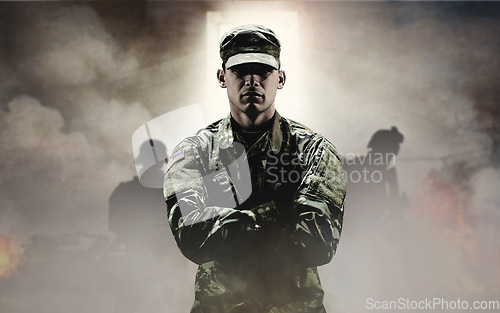 Image of Man, soldier or hero in war with smoke in explosion, team or shadows in overlay for mockup. Military, person or commander on mission with light, door and standing with confidence, hope and future