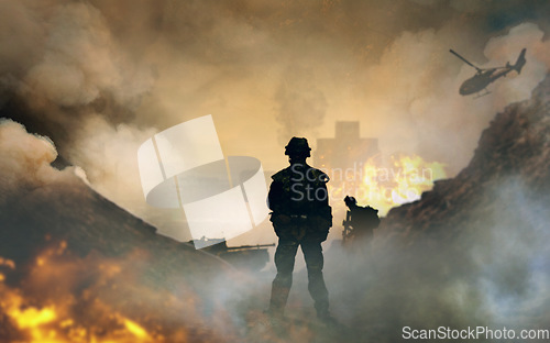 Image of War, explosion and smoke, soldier silhouette on battlefield with conflict, military vehicle and politics. Helicopter, fire and chaos from fight, people in armed forces and warzone with army warrior