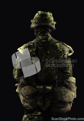 Image of Soldier, man and army warrior in war, back view with conflict and battle in uniform on black background. Hero, military and camouflage with security, protection and mission for fight in studio
