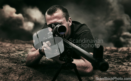 Image of Man, soldier or sniper in position for war, battlefield and enemy in overlay with explosion. Male, military or army with weapon for target, tactical and mission for intelligence, security or country