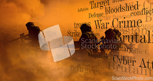 Image of Army, gun and word overlay in smoke, defense and battle in war, fight and mission to strike. Military, danger and violence in camouflage, text and action on battlefield, apocalypse and conflict