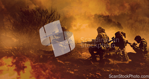 Image of Battlefield, military or army with conflict, people or nature with explosion, shooting or warzone. Warrior, men or women outdoor, gun or mission with service, firearms or soldier with gear or courage