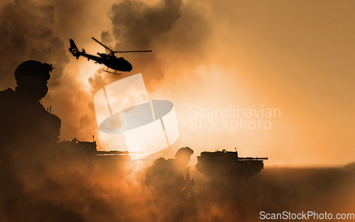 Image of War, explosion and helicopter, soldier silhouette on battlefield with conflict, military vehicle and politics. Orange, fire and smoke from fight, people in armed forces and warzone with army warrior