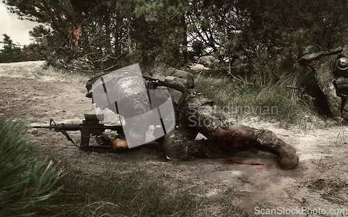 Image of Military, soldier and aim target on ground for service, battlefield or fight in forest with army uniform, guns and protection. Warzone, warrior and person in camp for target in wood for defence duty