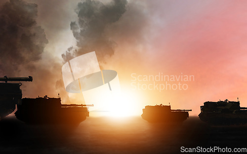 Image of War, military tank silhouette and sunrise on battlefield with conflict, vehicle and politics with explosion. Orange, fire and smoke from fight or battle, armed forces and warfare with army in warzone