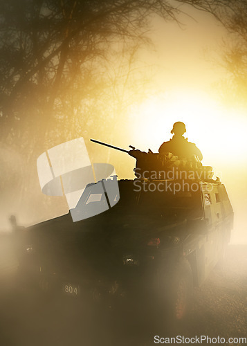 Image of War, explosion and military tank with soldier silhouette on battlefield in conflict and politics. Orange light, fire and smoke from fight, person in armed forces and warzone with army warrior outdoor