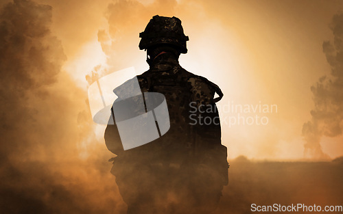 Image of Man, soldier and smoke in war with back, silhouette and dust in overlay for mockup. Person, marine or veteran in battle for freedom, courage and honor for country for freedom, defense or conflict