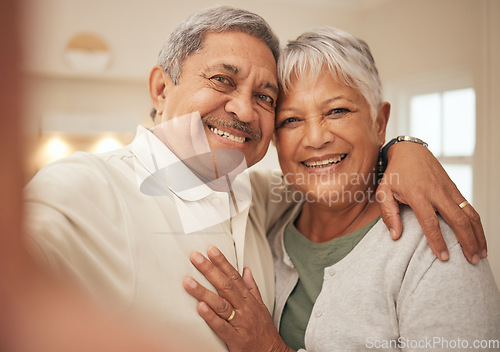 Image of Selfie, love and senior couple in home with smile, support and portrait of marriage in retirement together. Digital photography, face of happy man and old woman in apartment to post on social media.