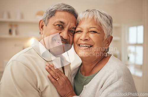 Image of Portrait, smile and senior couple in home with love, support or romantic marriage in retirement together. Embrace, face of happy man and old woman in apartment with hug, commitment to care or loyalty