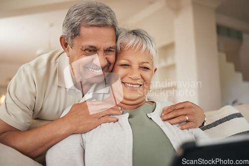 Image of Home, video call and senior couple with a tablet, speaking and greeting with conversation, connection and speaking. Internet, old man and happy elderly woman with technology, digital app and hug