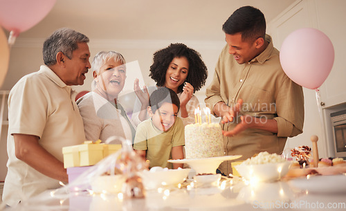 Image of happy birthday, big family and child with cake clapping hands or applause in home for event to celebrate together. Grandparents, happiness and kid excited for gathering, surprise and gift in a house