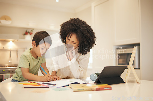 Image of Mother, child and writing for home education, e learning and family support for creative development. Interracial mom and boy kid with books and drawing for online school, guide or teaching on tablet