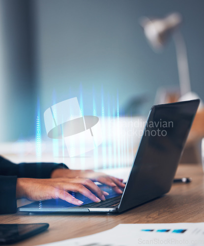 Image of Laptop, hands and data hologram in office, coding software or ux programming for analysis, technology or analytics. Cybersecurity, ui design and digital career as marketing analyst, web or statistics