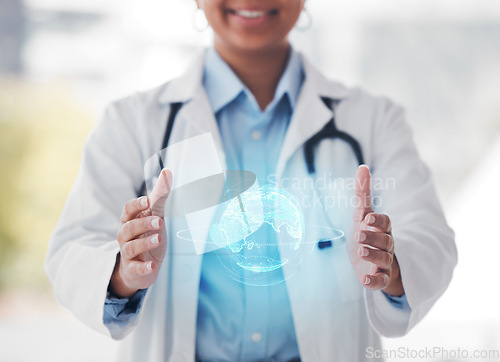 Image of World, hologram and doctor in hospital for network, 3d and website for telehealth. Futuristic, healthcare mockup and person hands with globe overlay for digital scan, clinic ux and medical research