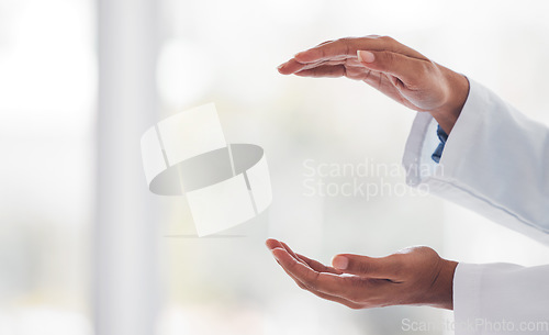 Image of Hands, health and a doctor with space or invisible advertising for artificial intelligence or metaverse innovation. Healthcare, future and medical with a medicine professional closeup in hospital