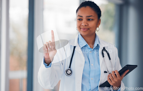 Image of Doctor, tablet for networking and touch with finger for medical research, connection or communication. Telehealth, digital app and healthcare professional with invisible future technology in medicine