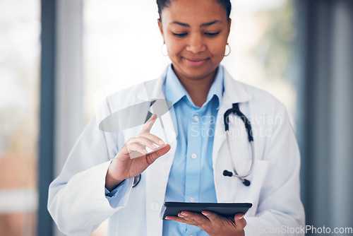 Image of Finger, doctor and woman with tablet in hospital for user interface, biometrics and ux for telehealth. Futuristic, healthcare and person with digital tech for website, clinic and medical research