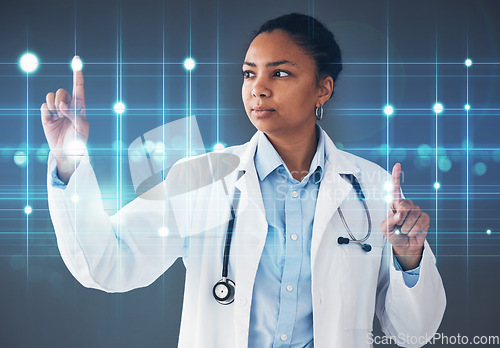 Image of Finger, doctor and woman with hologram screen for user interface, biometrics and telehealth. Futuristic overlay, healthcare and worker with hands for digital scan, internet and medical research