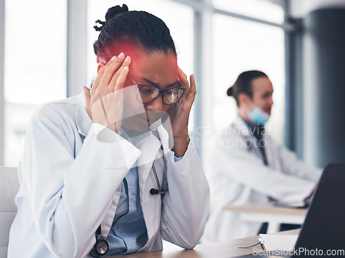 Image of Woman, doctor and headache at desk or healthcare burnout at hospital, mental stress or tired. African female professional, fatigue and pain at laptop or working brain fog depression, vertigo or sick