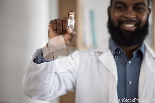 Image of Doctor, man and vaccine bottle in portrait, smile and care for pharmaceutical product for dengue fever. African medic, pride and happy for medicine, liquid and health innovation for safety in clinic