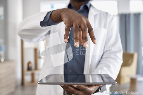 Image of Closeup, doctor and hands with a tablet, futuristic and connection with healthcare, innovation and network. Person, medical professional and worker with tech, digital app and telehealth with internet