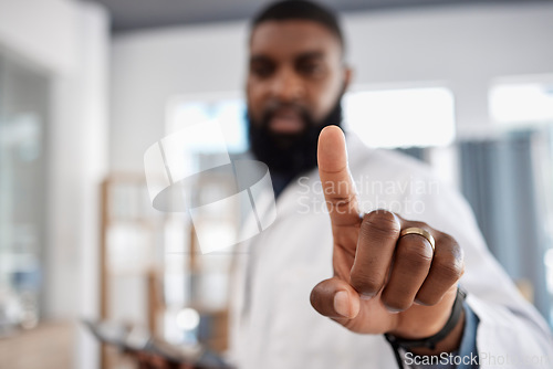 Image of Finger, invisible screen and doctor press key on technology for healthcare, wellness or telehealth. Hand, click touchscreen or medical professional on internet for digital connection on futuristic ui