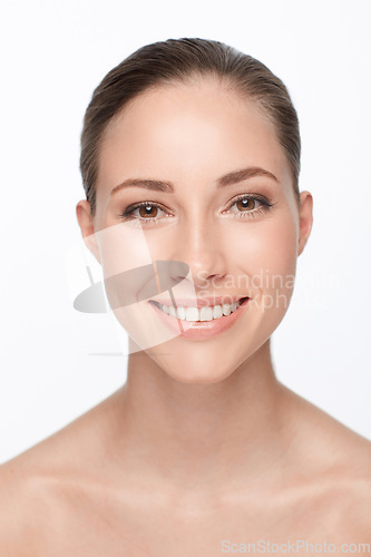 Image of Woman, smile and studio portrait beauty or cosmetic skincare for natural shine, glow or luxury. Female person, nude and health facial or white background clean results, happy or wellness dermatology