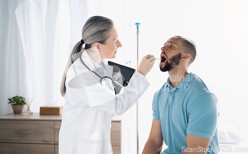 Image of Mouth swab, medical people and doctor check up, oral exam or help patient with clinic, virus or flu sample. Health care appointment, wellness and medicine expert, surgeon or nurse support sick client