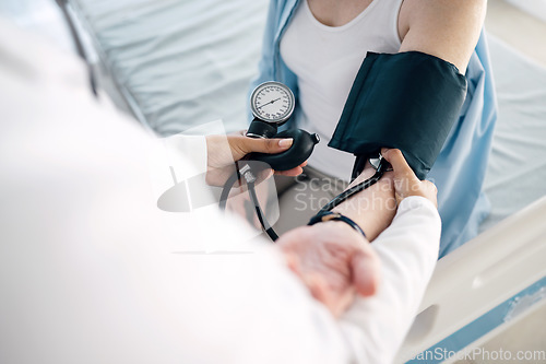 Image of Medical hands, people and nurse hypertension test for hospital exam, patient consultation or professional service. Nursing help, sphygmomanometer and doctor monitor blood pressure, pulse or diabetes