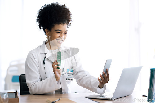 Image of Doctor, woman and pills in video call or phone communication for healthcare or telehealth service in office. Afrcan person or medical worker with medicine product for virtual consultation on mobile