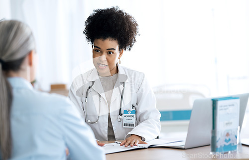 Image of Doctor, woman and patient folder in healthcare consultation, hospital support and advice for test results. Client and medical professional with documents folder, paperwork and discussion in office