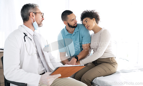 Image of Doctor consultation, problem and couple sad over bad online results, gynecology news or medicine healthcare fail. Clinic gynecologist, marriage people or medical surgeon support, help or empathy care