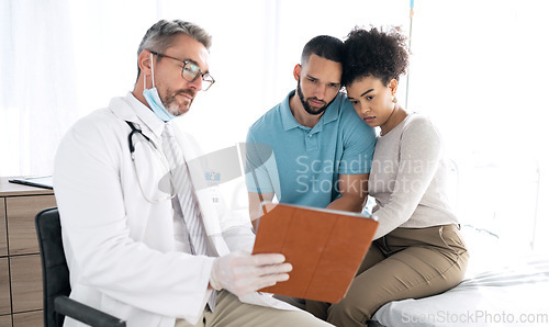 Image of Doctor tablet, problem and couple reading bad online results, gynecology news or medical info, report or healthcare fail. Gynecologist, clinic and marriage people sad, upset or check miscarriage test
