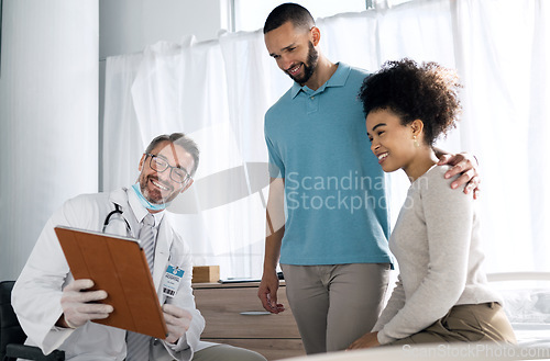 Image of Doctor consultation clipboard, happy and couple reading gynecology results, news or medical information. Gynecologist review, assessment checklist and patient smile for feedback, notes or health data