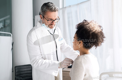 Image of Stethoscope, people and doctor listen to patient heartbeat, breathing or help with asma lung virus, tuberculosis or health test. Hospital, cardiology and nurse support on asthma, disease or diagnosis