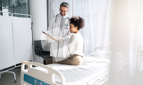 Image of Happy people, doctor clipboard and patient consultation on health research results, healthcare services or medical information. Discussion, assessment checklist and client listening to bad feedback