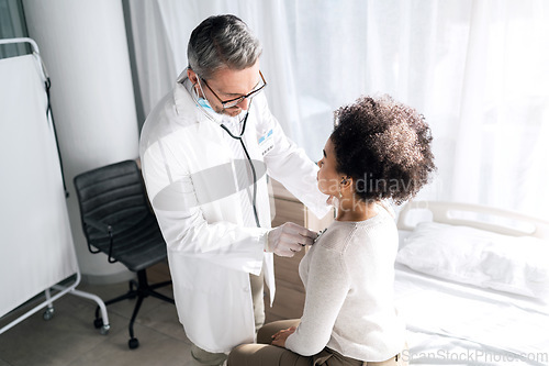 Image of Stethoscope, clinic people and doctor listen to heartbeat, breathing or help with asma lung virus, tuberculosis or health test. Clinic consultation, cardiology and nurse support for asthma patient