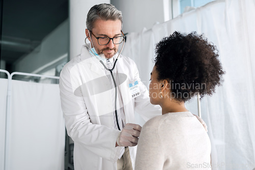 Image of Stethoscope, people and doctor check lungs, breathing or helping patient with heartbeat, heart virus or cardiology test. Health care, cardiovascular exam and medicine expert support for sick client