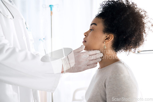 Image of Doctor hands, people and check neck, examine throat or help with vocal injury, tonsils or lymph node. Oral health appointment, hospital consultation aid and nurse support for client, patient or woman