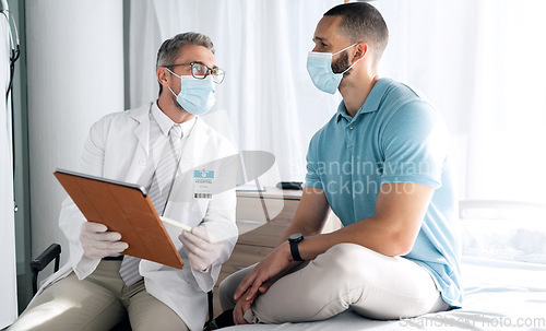 Image of Clinic men, clipboard and doctor consultation on medical results, assessment or wellness health report, support or help. Talking, service or medicine expert, surgeon or client answer survey questions
