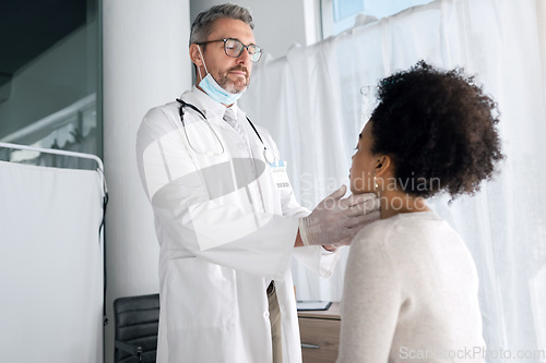 Image of Clinic, people and doctor check neck, examine throat or helping patient with vocal injury, tonsils infection or lymph node. Healthcare, hospital consultation aid and medical expert support for client