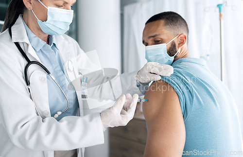 Image of Doctor, patient and injection for vaccine or flu shot at hospital in checkup, visit or appointment. Closeup of medical nurse or healthcare professional with needle for vaccination or cure at clinic