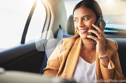 Image of Woman in taxi with smile, phone call and travel on urban commute in communication on drive. Transport, car or cab ride, girl in happy conversation on cellphone for schedule or agenda on road to work.