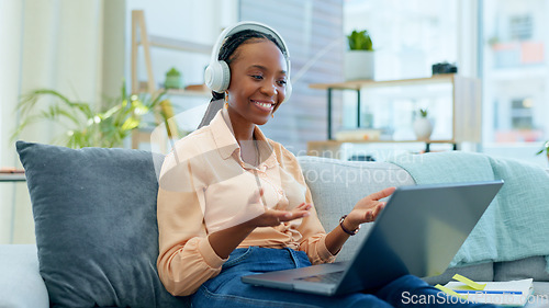 Image of Black woman, laptop or video call on house sofa for networking, b2b customer deal or freelance business consulting. Smile, happy or talking employee on remote work technology or mobile communication